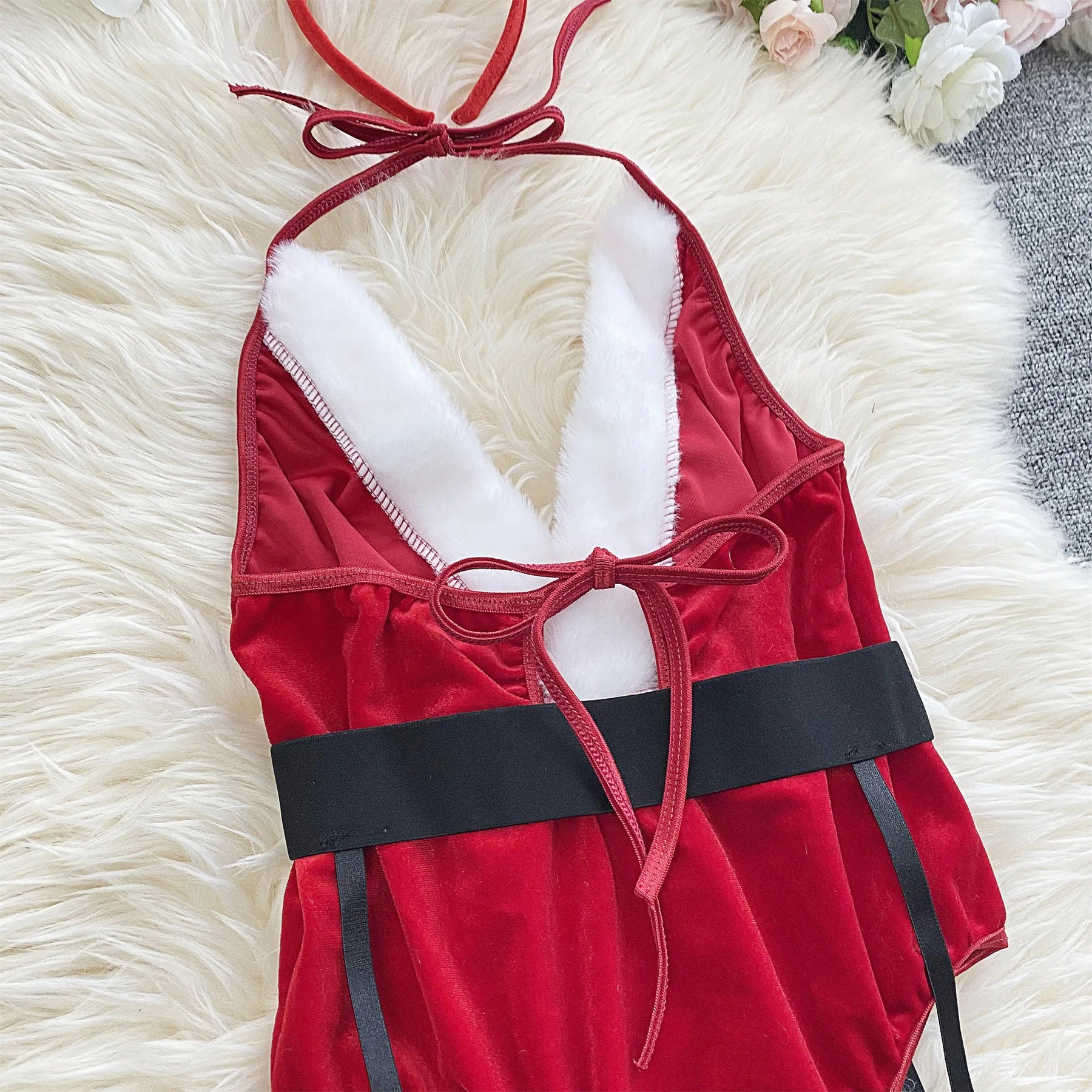 Ellolace Bunny Christmas Lingerie Bodysuit Velvet Red Erotic Costumes Hair Band Deep-V Sweet Girl Festival Set Woman 3 Pieces
