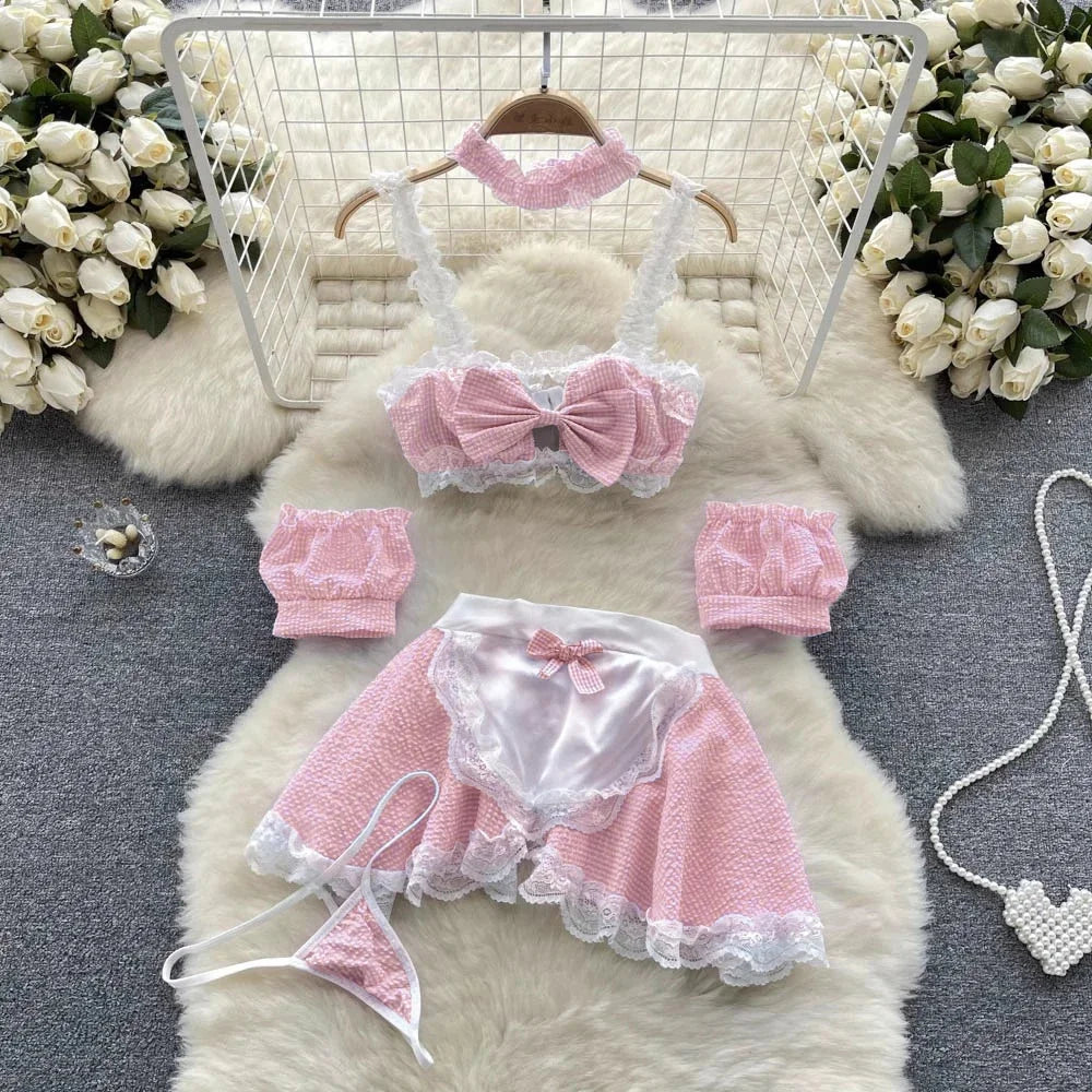 Female Sleevless Halter Playsuits Lace Sheer Open Crotch Lingerie Rompers Women Erotic Hollow Out Sexy Bodysuits Bow Jumpsuit