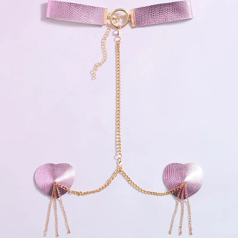 Sexy Metal Chain Linked Nipple Cover With Choker Nipple Pasties Reusable Women Bondage Choker Collar Body Chain Sex Games Toys