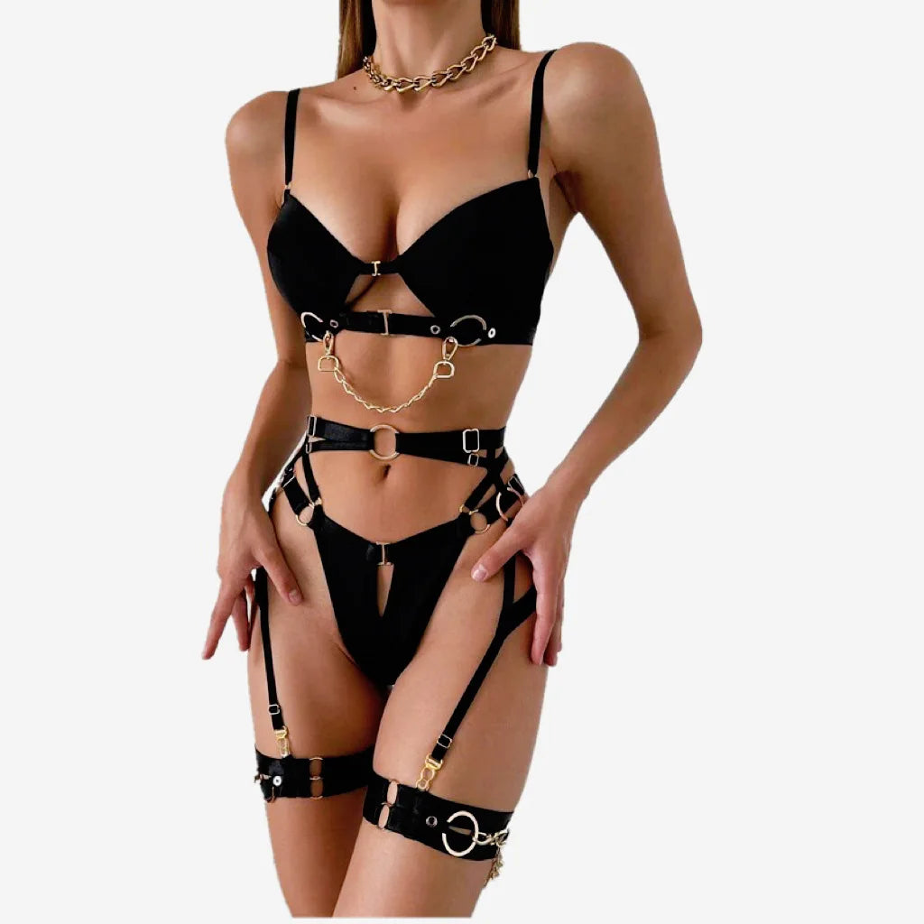 Sexy Hot Lingerie Set Women Hypersexual Chain Bra Panty Underwear 5-Piece Set Boudoir Studio Delicate Lace Garters Female