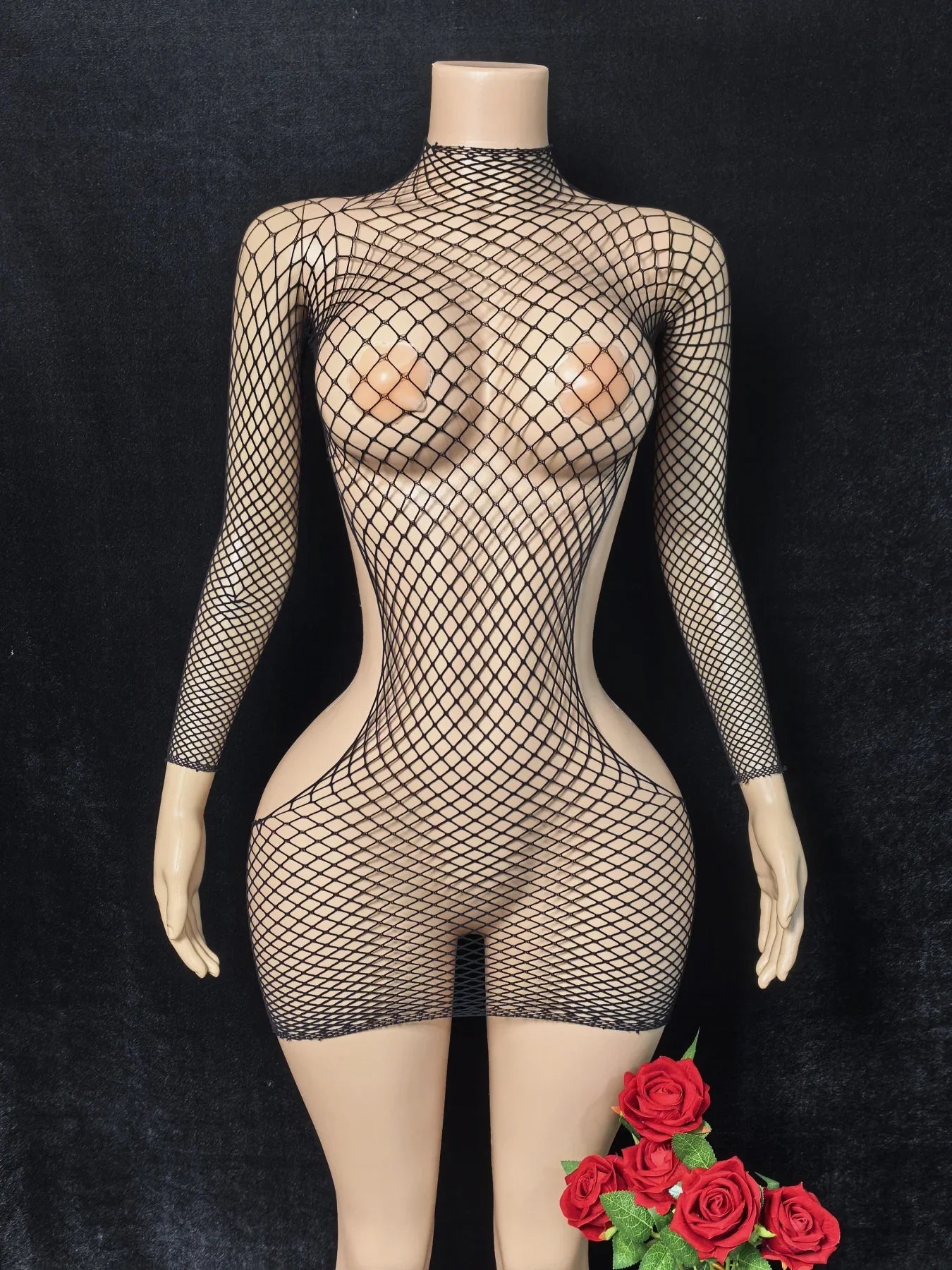 Red Erotic Wrap Hips Lingerie Women Fishnet Hollow Bra Set Sexy Open Back Teddy Body Suits Turtleneck Long Sleeve Underwear Sets