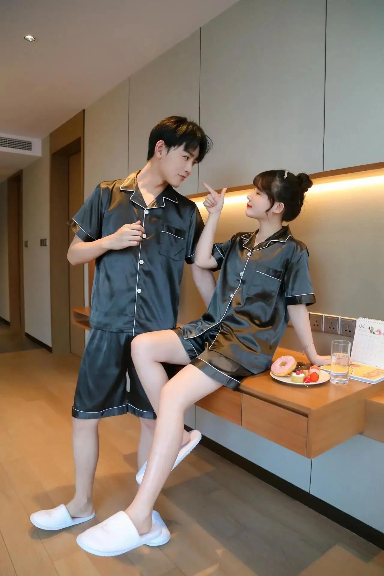 Solid Color Sleepwear Silk Satin Pajamas Couple Set Short-sleeved Pyjamas Suit Pijama Women Men Loungewear Plus Size Pj Set
