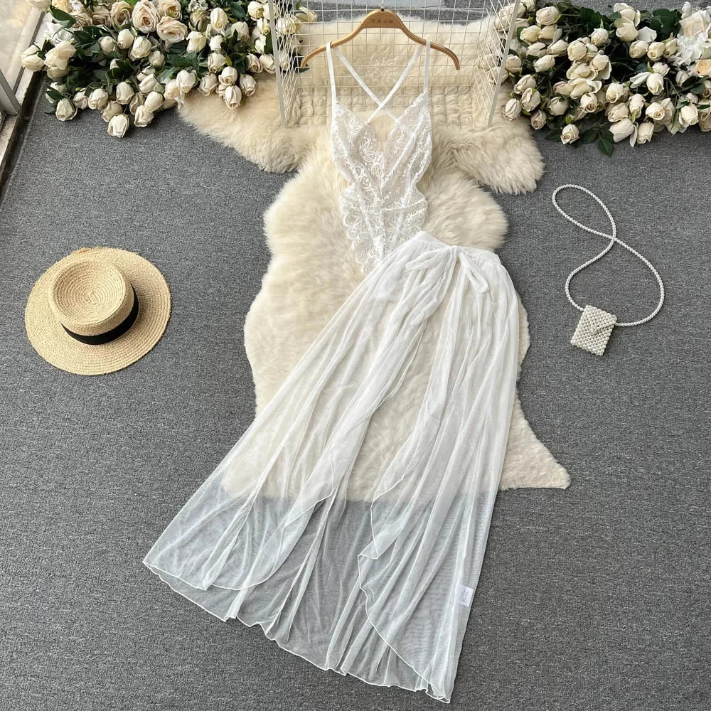 Female Sleevless Halter Playsuits Lace Sheer Open Crotch Lingerie Rompers Women Erotic Hollow Out Sexy Bodysuits Bow Jumpsuit