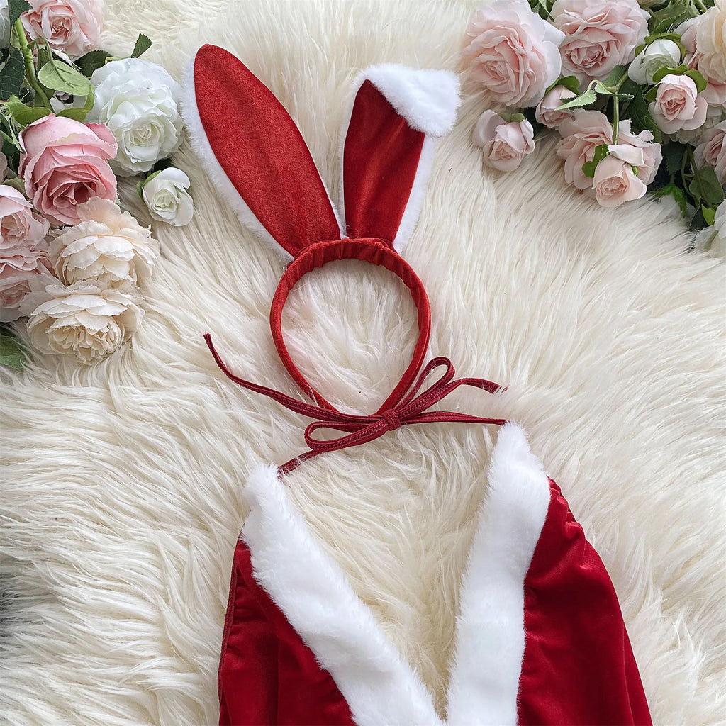 Ellolace Bunny Christmas Lingerie Bodysuit Velvet Red Erotic Costumes Hair Band Deep-V Sweet Girl Festival Set Woman 3 Pieces