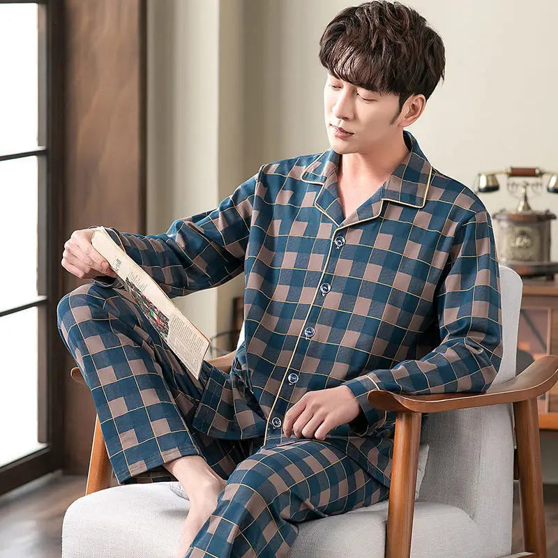 Spring Men's Fall and Winter Long-Sleeved Long Pants Middle-Aged Thin Section of Pajamas Sleepwear Homewear Suit Loungewear