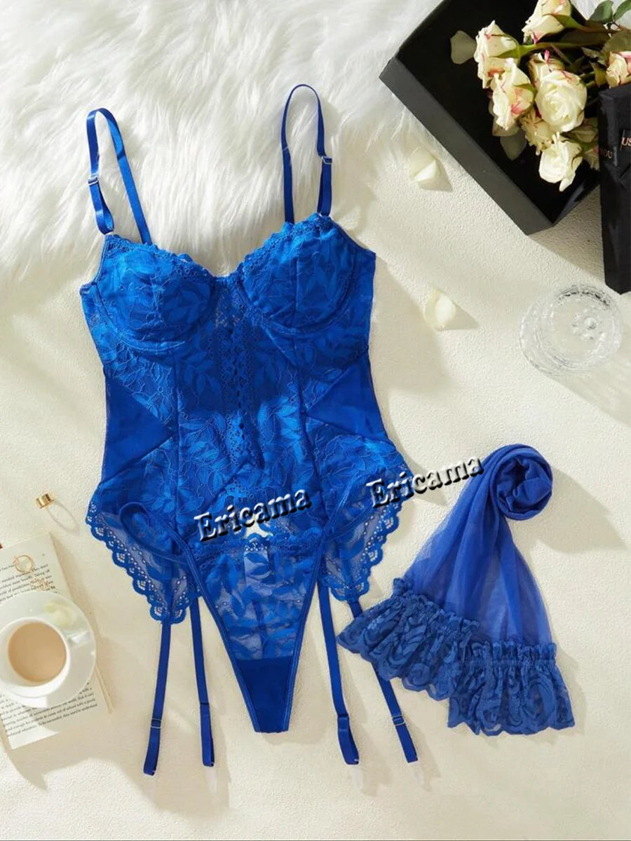 Women's 3-Piece Lace Lingerie Set – Elegant Sheer Bra, Panty & Garter Set | Romantic Intimate Wear for Women