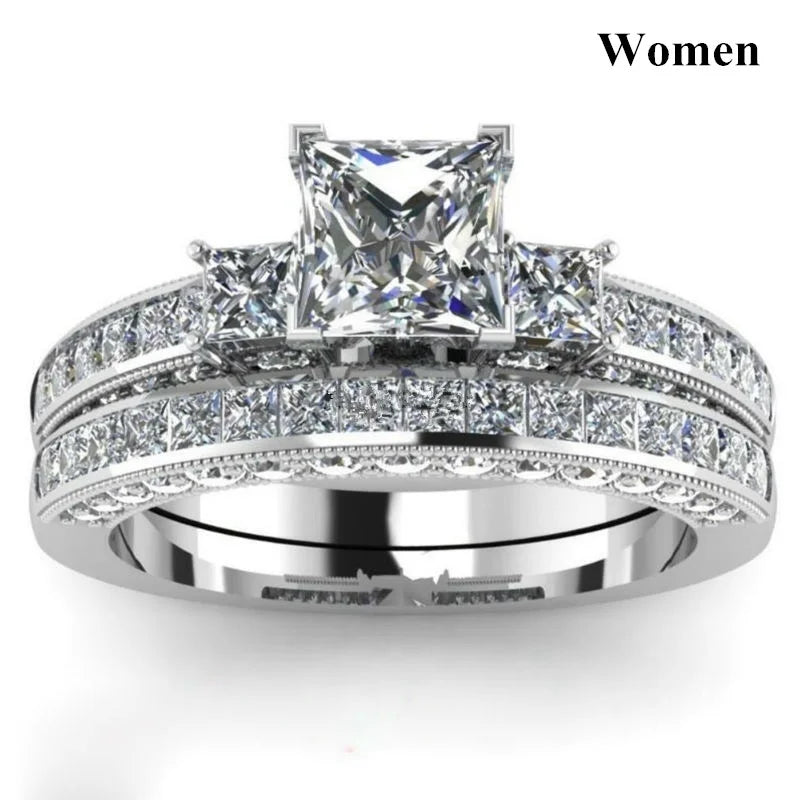 Couple Rings For Women White Rhinestones Zirconia Rings Set Simple CZ Stainless Steel Men Ring Wedding Jewelry For Lover Gifts