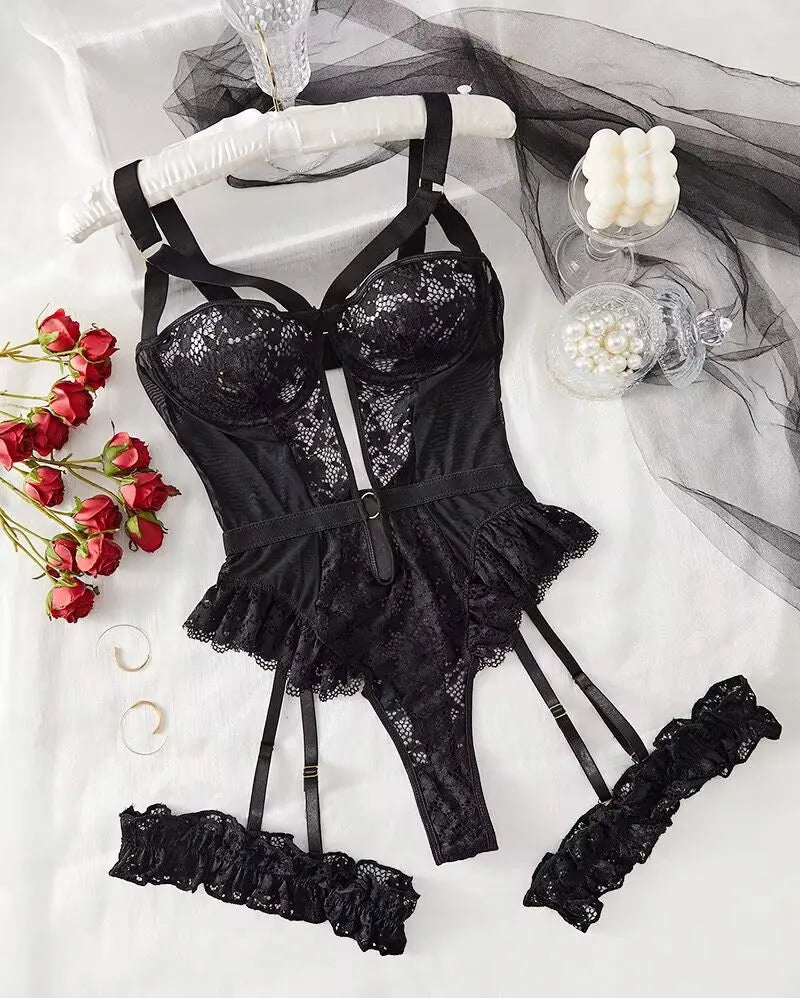 Red Floral Lace Garter Lingerie Set With Choker Women Intimates 2022 Underwire Bra And Thongs Ladies Underwear Set