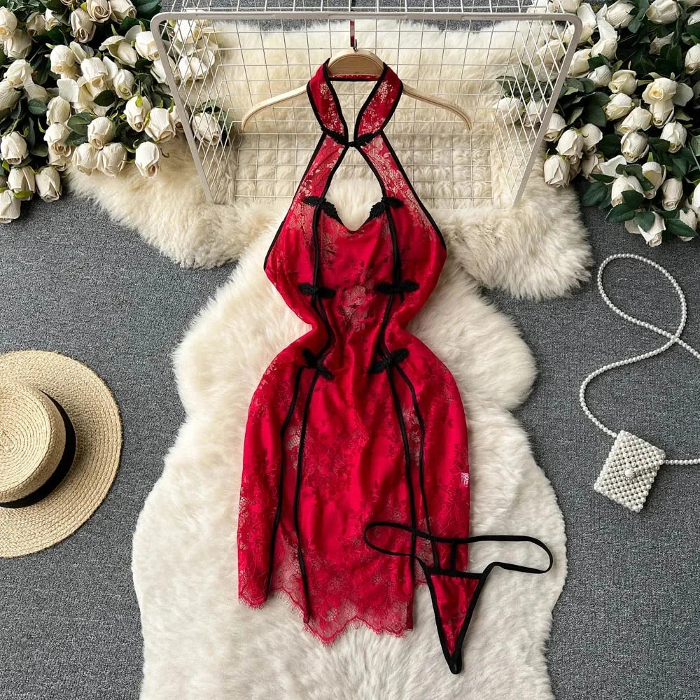 Female Sleevless Halter Playsuits Lace Sheer Open Crotch Lingerie Rompers Women Erotic Hollow Out Sexy Bodysuits Bow Jumpsuit