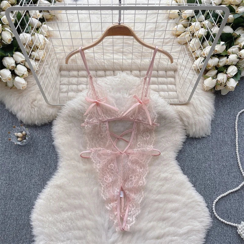 Sexy Lace Strap Jumpsuit Slim Fit Transparent Women's Pajamas Halter Playsuit Erotic Lingerie Catsuit Backless Hollowed Bodysuit