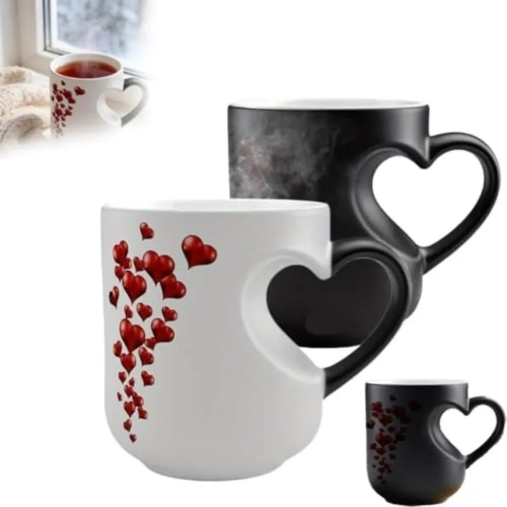 Creative Ceramic Color Changing Mug Heart-Shaped Thermochromic Reveal Coffee Mug 11oz Coffee Cup for Home&Office