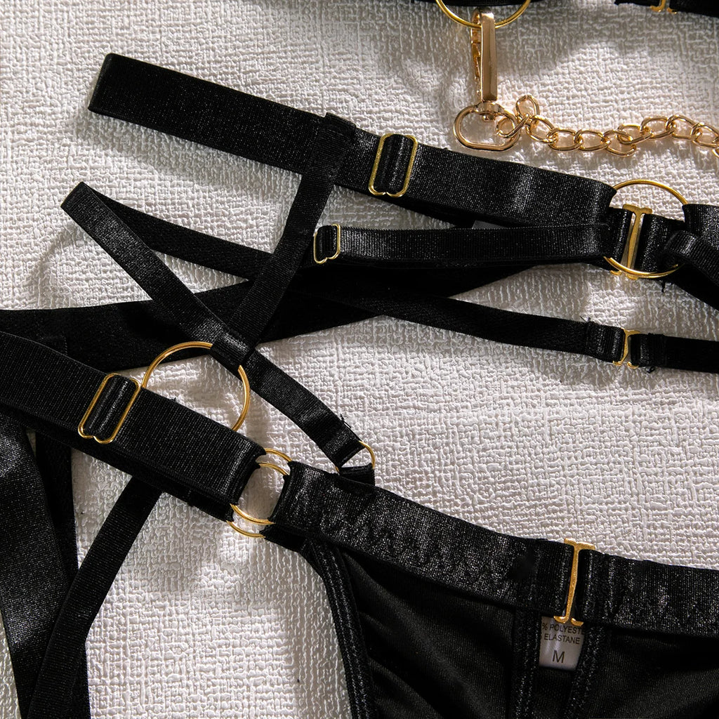 Sexy Hot Lingerie Set Women Hypersexual Chain Bra Panty Underwear 5-Piece Set Boudoir Studio Delicate Lace Garters Female