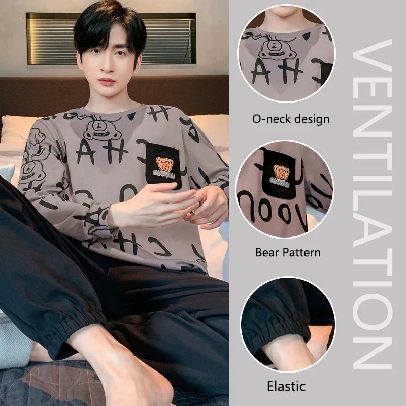 Two Piece Plus Size Men Pajamas Long Sleeve Loose Breathable Cartoon Bear Striped Letters Black Crew Neck Loungewear Set pj