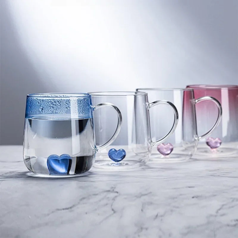 400mL 3D Love Gradient Transparent Glass Coffee Mug Milk Juice Couple Pair Cup Lady Office Afternoon Tea Party Drinkware