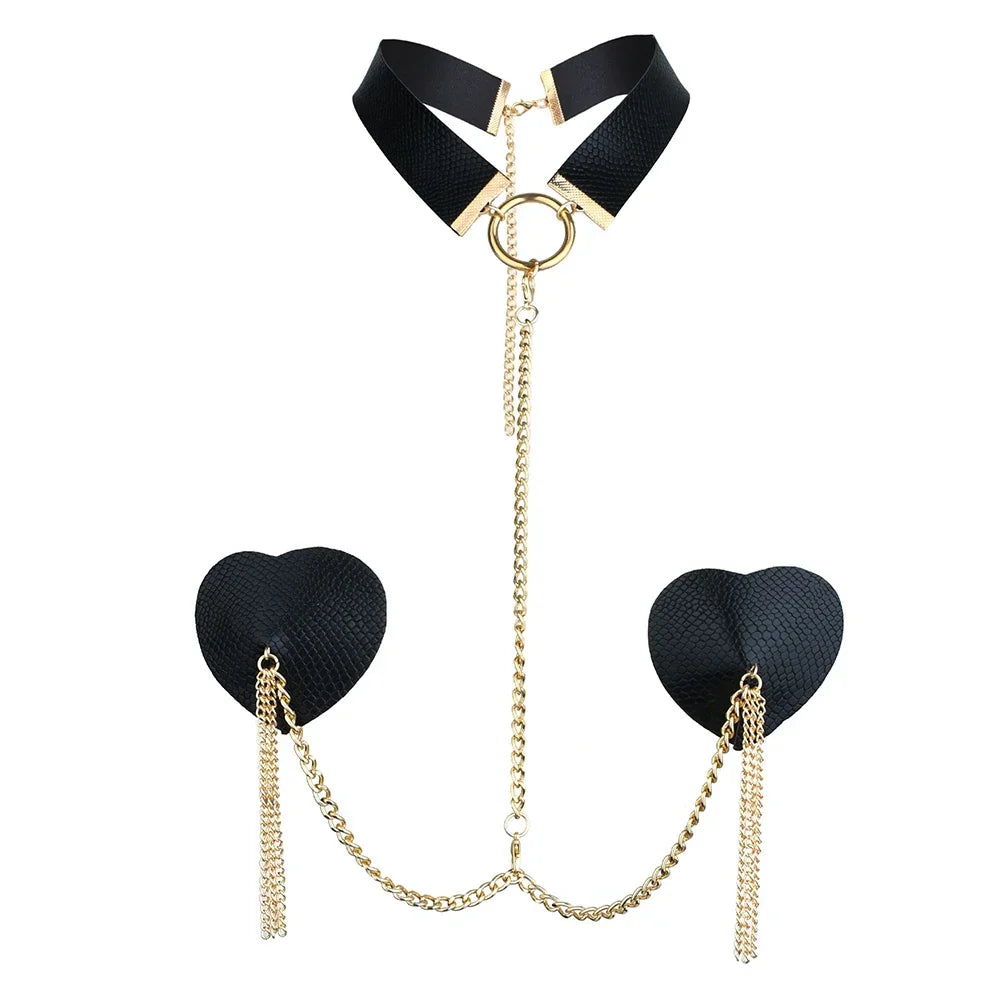 Sexy Metal Chain Linked Nipple Cover With Choker Nipple Pasties  Reusable Women Bondage Choker Collar Body Chain Sex Games Toys