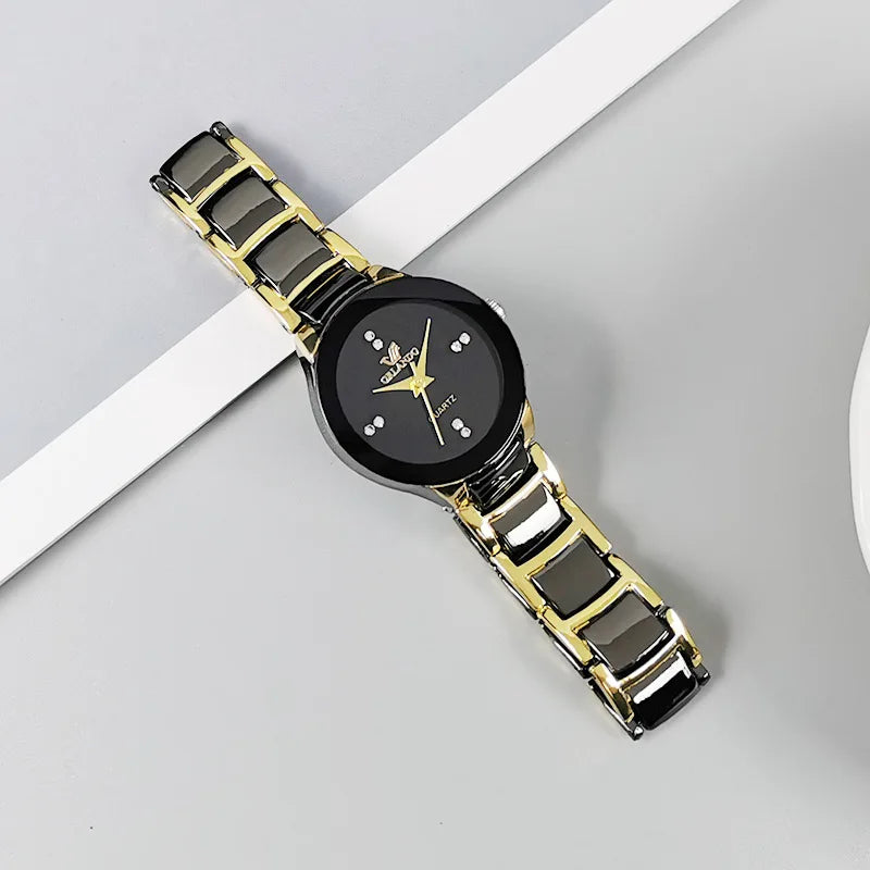 2PCS Couple's Watches Fashion Stainless Steel Band Men Women Analog Quartz Watches Set