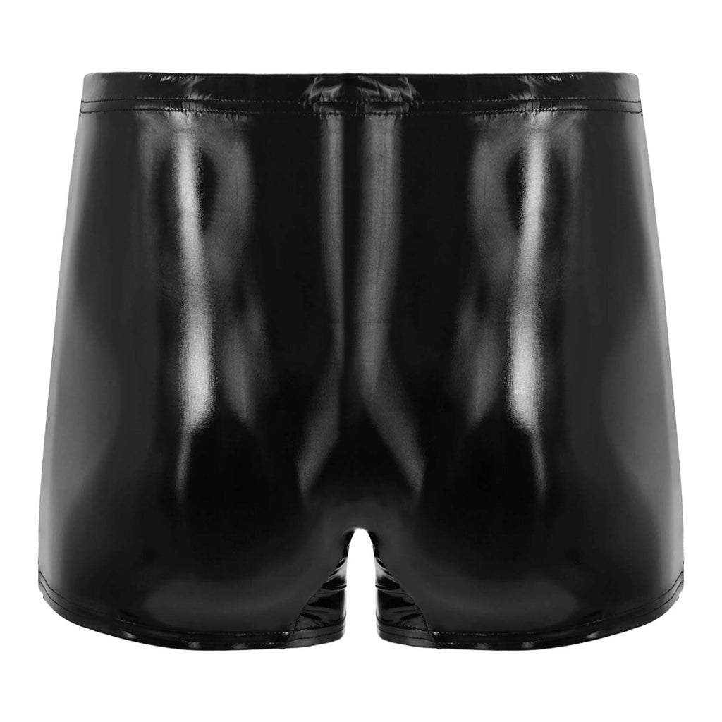 Mens Patent Leather Shorts Dance Performance Clubwear Wet Look Pants Elastic Waistband ShortsBulge Pouch Boxer Briefs Shorts