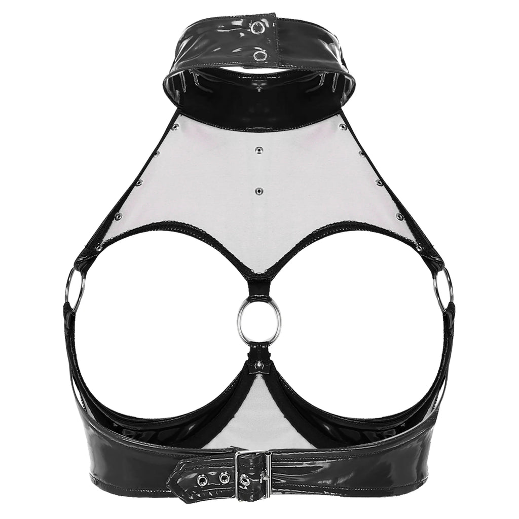 Lingerie Sexy Set Women Wetlook Patent Leather Wire-free Open Cup Sexy Bra with Ruffle Built-in Thongs Garter Belt Mini Skirts